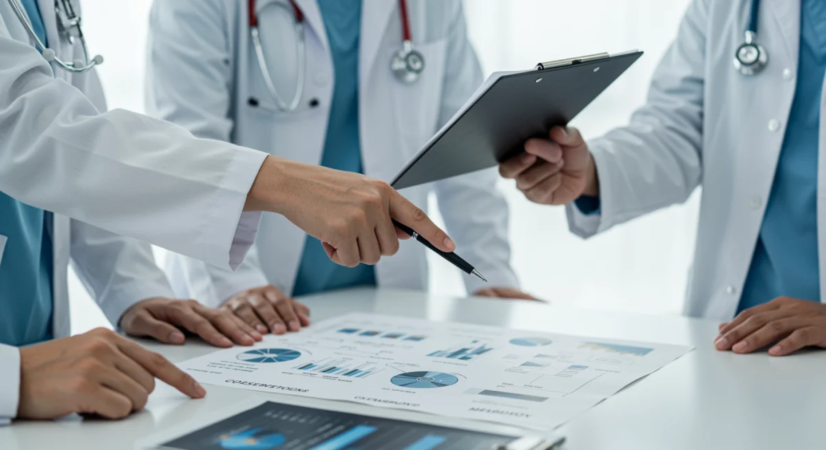 Medical professionals collaborating on new device research and data analysis