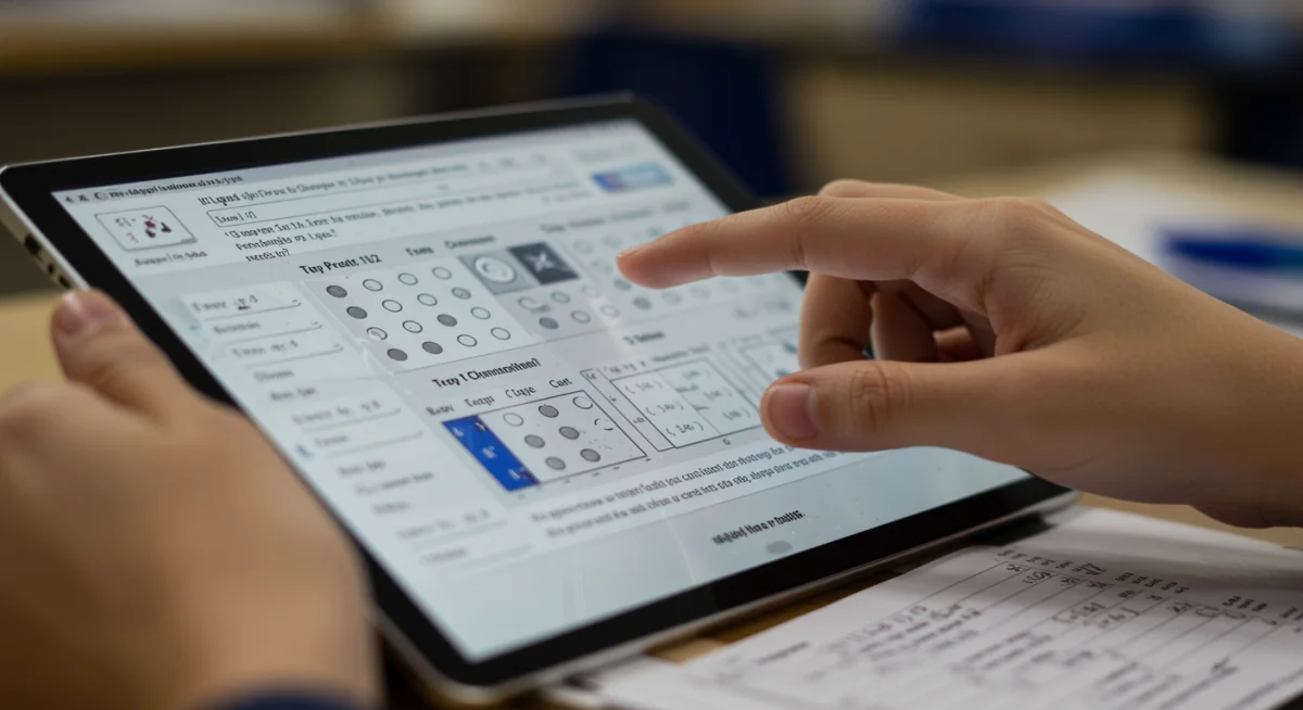 Student interacting with a digital standardized test interface on a tablet.