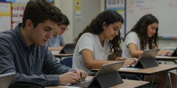 Students taking digital standardized tests in a modern classroom setting.
