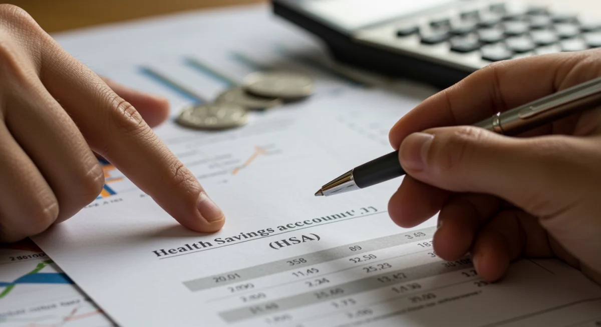 Hand pointing to Health Savings Account section on financial statement