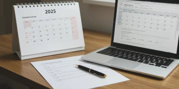 Organized desk with 2025 calendar and graduate school application checklist
