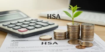 Financial tools and health documents representing HSA growth and planning for 2025.