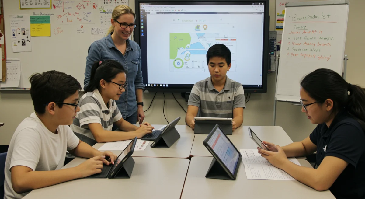 Students collaborating with technology in a personalized learning environment, reflecting future education policies