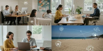Professionals enjoying flexible remote work, utilizing technology for productivity and well-being