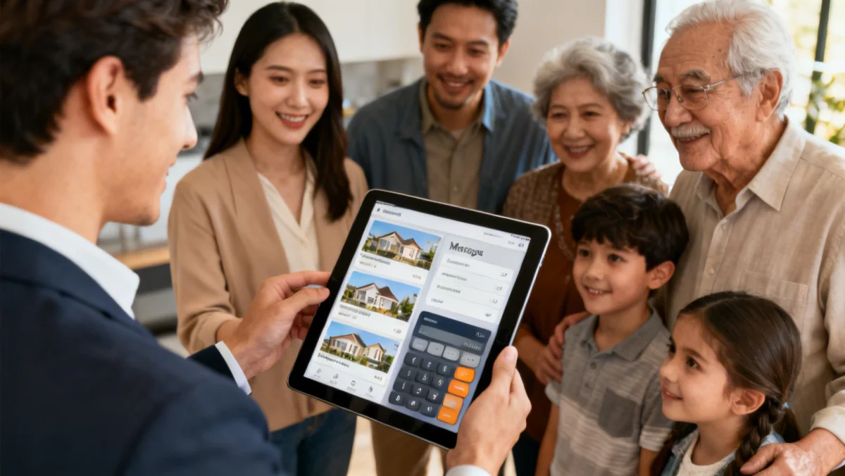 Diverse group planning finances for real estate purchases or sales.