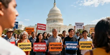 Advocates for immigration reform gather at the U.S. Capitol, holding signs for new legislation in 2026.