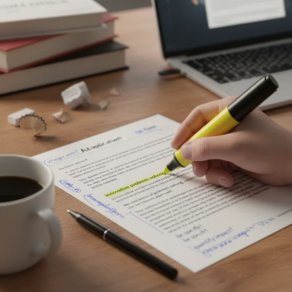 Hand highlighting key phrase in college essay draft.