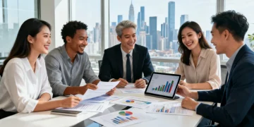 Small business owners reviewing loan documents with a focus on favorable terms