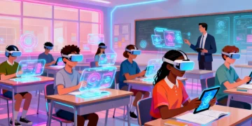 Students and teachers interacting with cutting-edge education technology in a futuristic classroom, symbolizing enhanced learning efficiency.