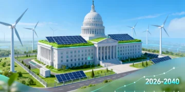 Federal building with green energy, symbolizing 2026 climate policy and 2040 emission targets.