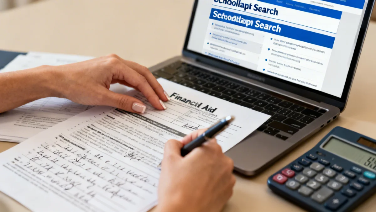 Hand highlighting a financial aid form, surrounded by scholarship search results and a calculator, representing detailed financial planning for graduate school.