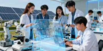 Students working in a modern STEM lab with data screens and scientific equipment, reflecting future job growth.